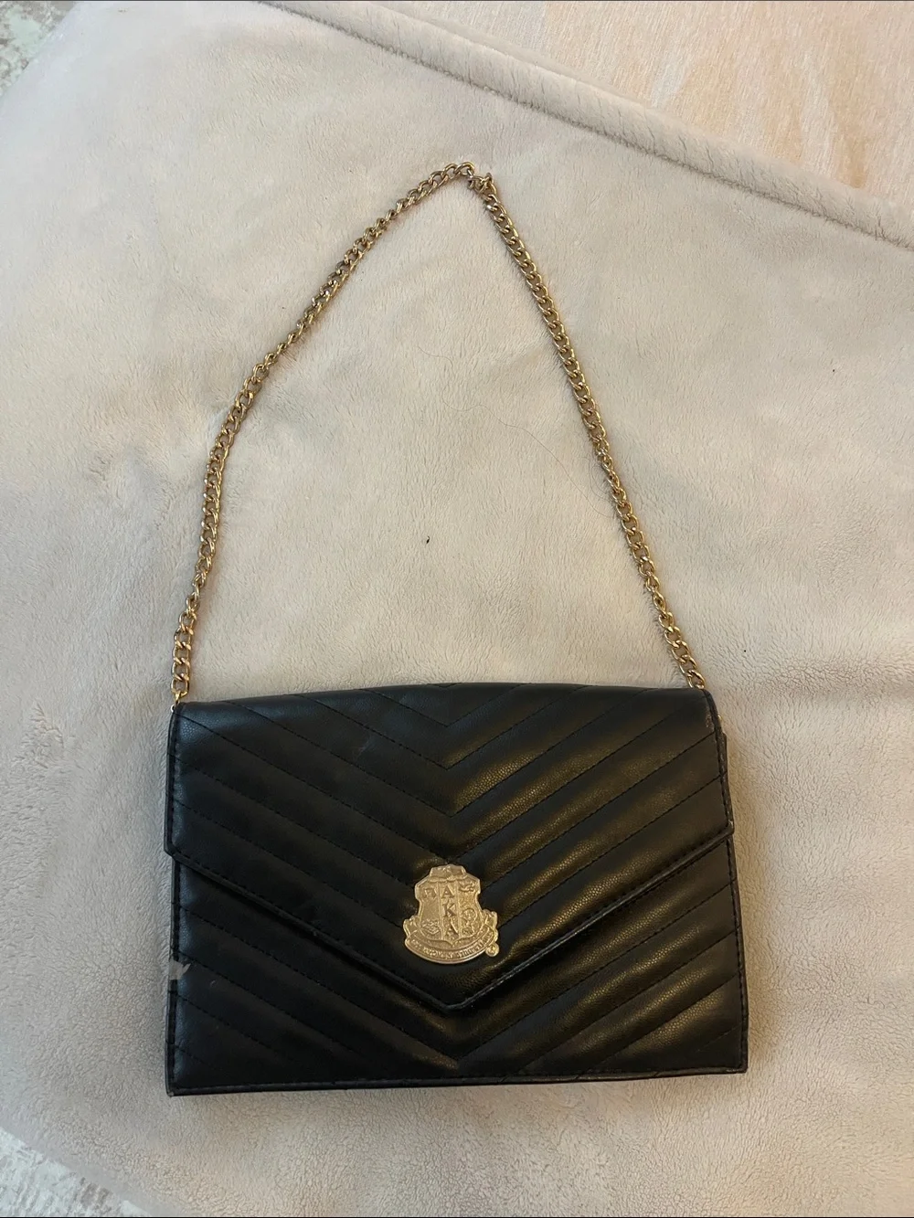 Black Quilted Chain Shoulder Bag with Gold Alpha Kappa Alpha Crest Hardware